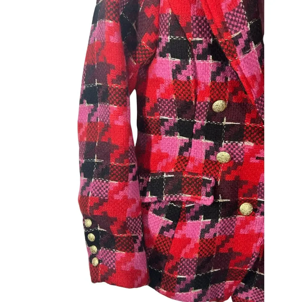 Anthropologie Exploded Plaid Tweed Blazer Medium Red Pink Gold Button Jacket